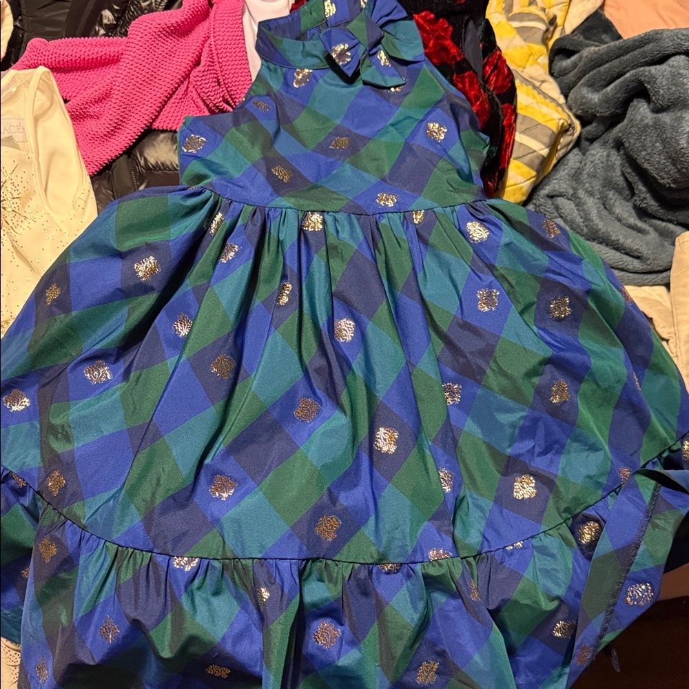Janie and Jack Dark Marine Plaid Check Metallic Dress Little Girls Sz 5 NWOT